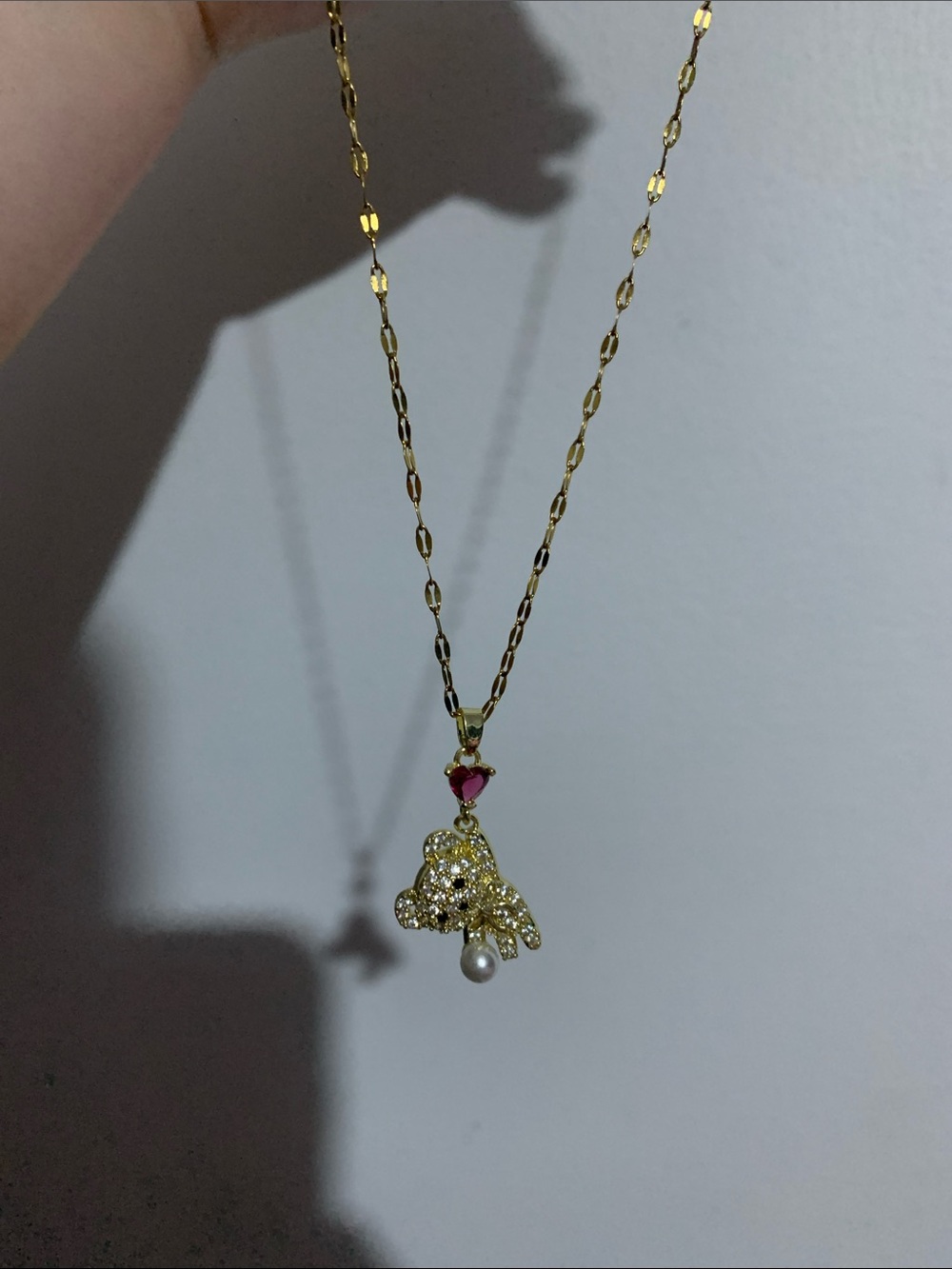 REAL GOLDGold-tone Teddy Pendant Necklace with Pink Heart and Pearl Accent